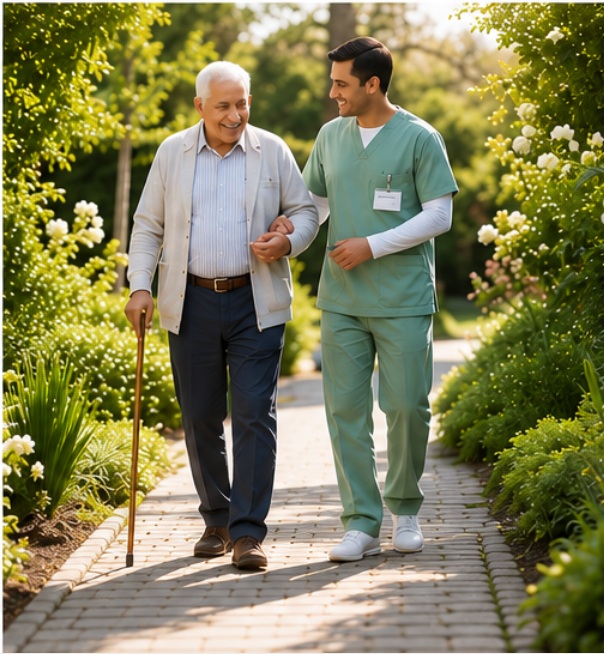 Gradual outdoor walk during neurologic recovery with steady Indian family support nearby